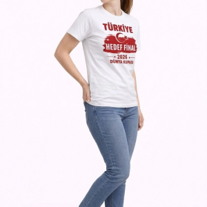 Kadın TÜRKİYE Baskılı Tişört Ay Yıldız 2026 Dünya Kupası Taraftar Forma T-Shirt – Beyaz