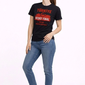 Kadın TÜRKİYE Baskılı Tişört Ay Yıldız 2026 Dünya Kupası Taraftar Forma T-Shirt – Siyah