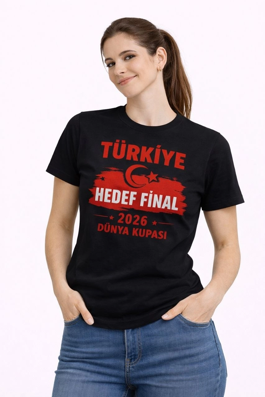 Kadın TÜRKİYE Baskılı Tişört Ay Yıldız 2026 Dünya Kupası Taraftar Forma T-Shirt – Siyah