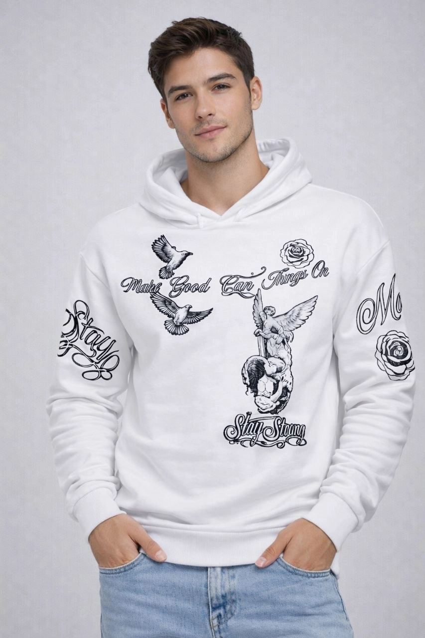 Erkek 3 İplik Pamuklu Kapüşonlu Baskılı SweatShirt hoodie – Beyaz
