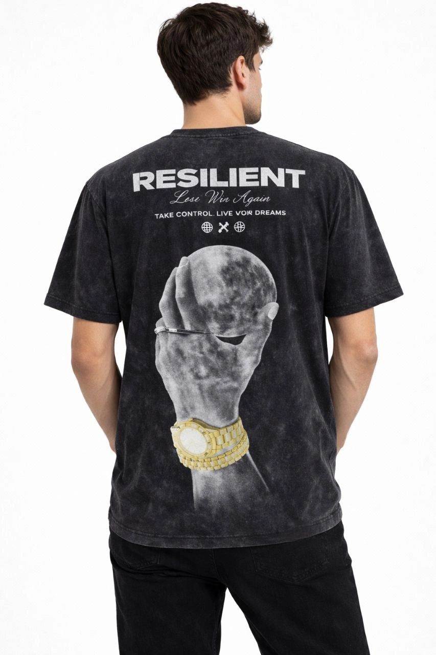 Erkek Asit Yıkamalı Baskılı Tişört Bisiklet Yaka Kısa Kollu Streetwear T-shirt – Siyah