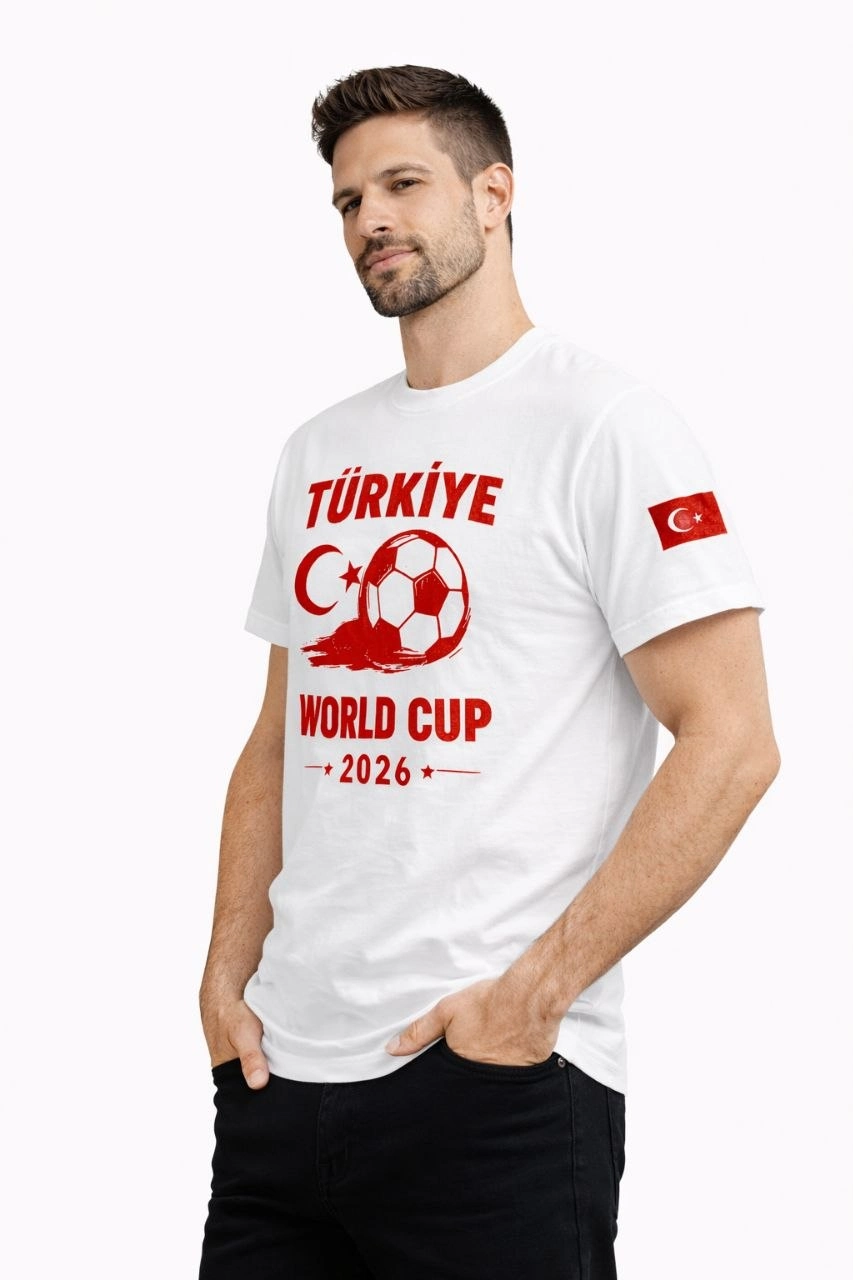 Erkek Türkiye World Cup 2026 Baskılı Tişört Futbol Temalı Forma T-Shirt – Beyaz
