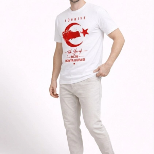 Erkek TÜRKİYE Ay Yıldız Baskılı Taraftar Forma T-Shirt – Beyaz
