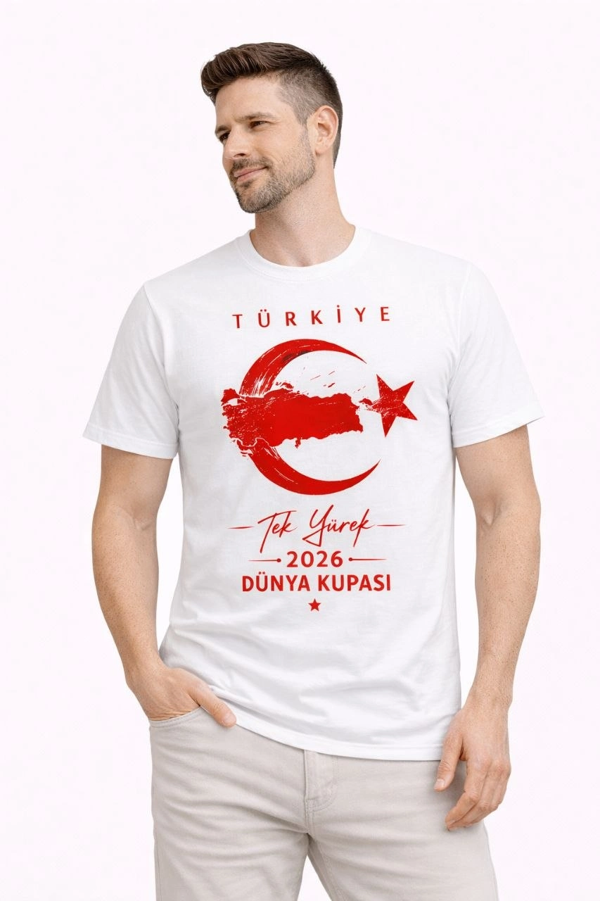 Erkek TÜRKİYE Ay Yıldız Baskılı Taraftar Forma T-Shirt – Beyaz