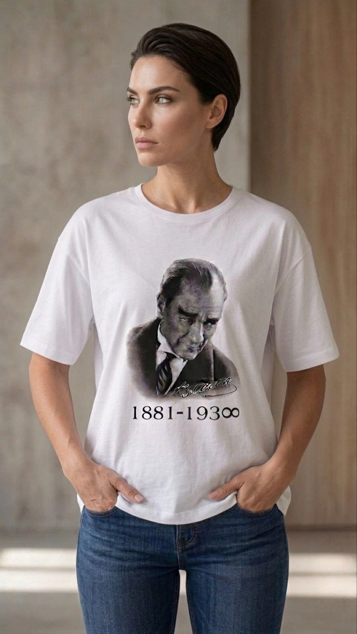 Kadın Atatürk Baskılı Tişört Kısa Kollu Bisiklet Yaka T-Shirt – Beyaz