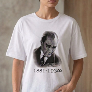 Kadın Atatürk Baskılı Tişört Kısa Kollu Bisiklet Yaka T-Shirt – Beyaz