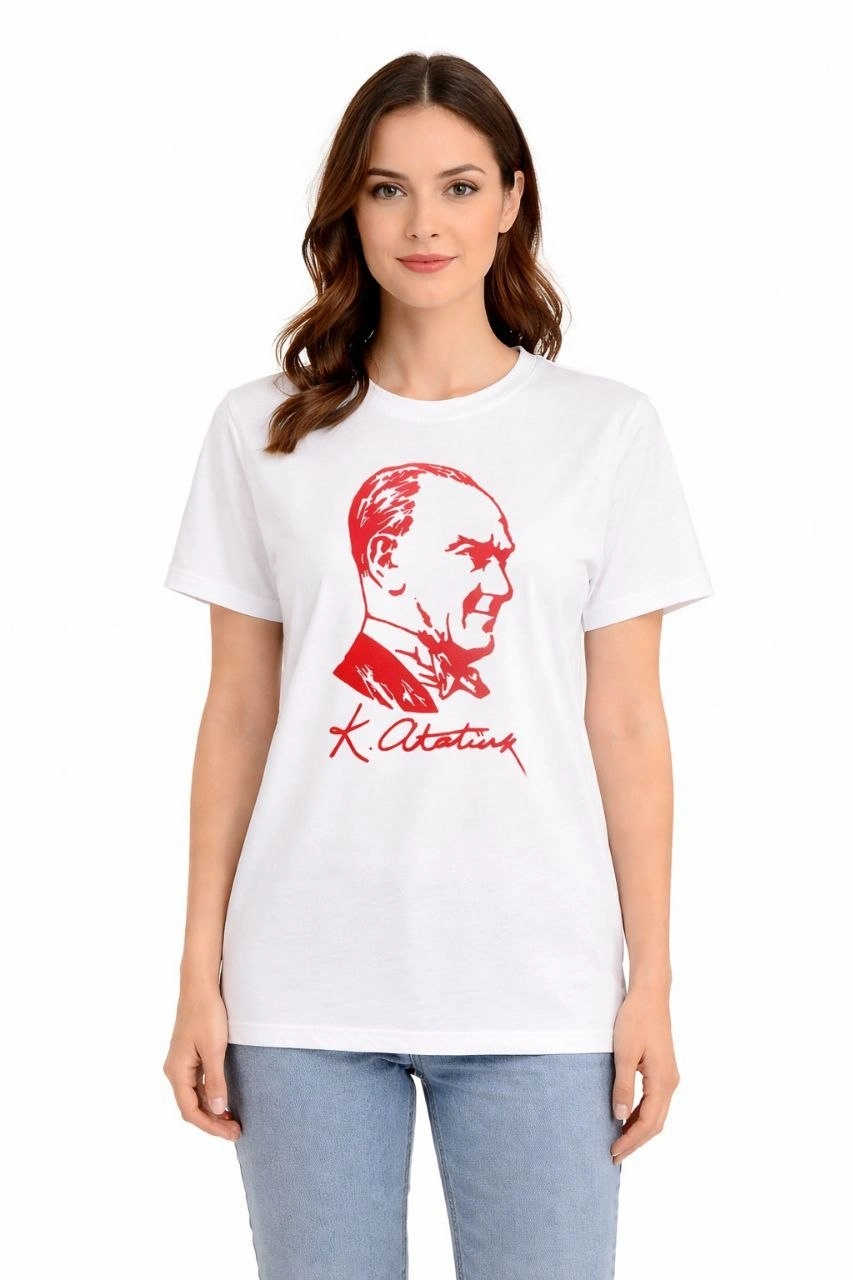 Kadın Atatürk Baskılı Tişört Kısa Kollu Bisiklet Yaka T-Shirt – Beyaz