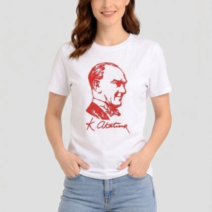 Kadın Atatürk Baskılı Tişört Kısa Kollu Bisiklet Yaka T-Shirt – Beyaz
