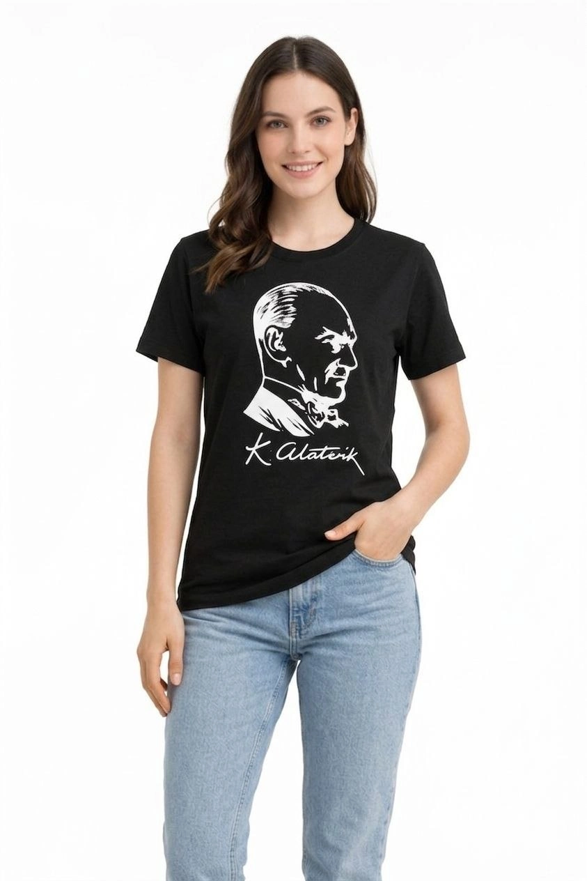 Kadın Atatürk Baskılı Tişört Kısa Kollu Bisiklet Yaka T-Shirt – Siyah