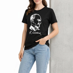 Kadın Atatürk Baskılı Tişört Kısa Kollu Bisiklet Yaka T-Shirt – Siyah