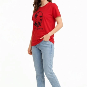 Kadın Atatürk Baskılı Tişört Kısa Kollu Bisiklet Yaka T-Shirt – Kırmızı
