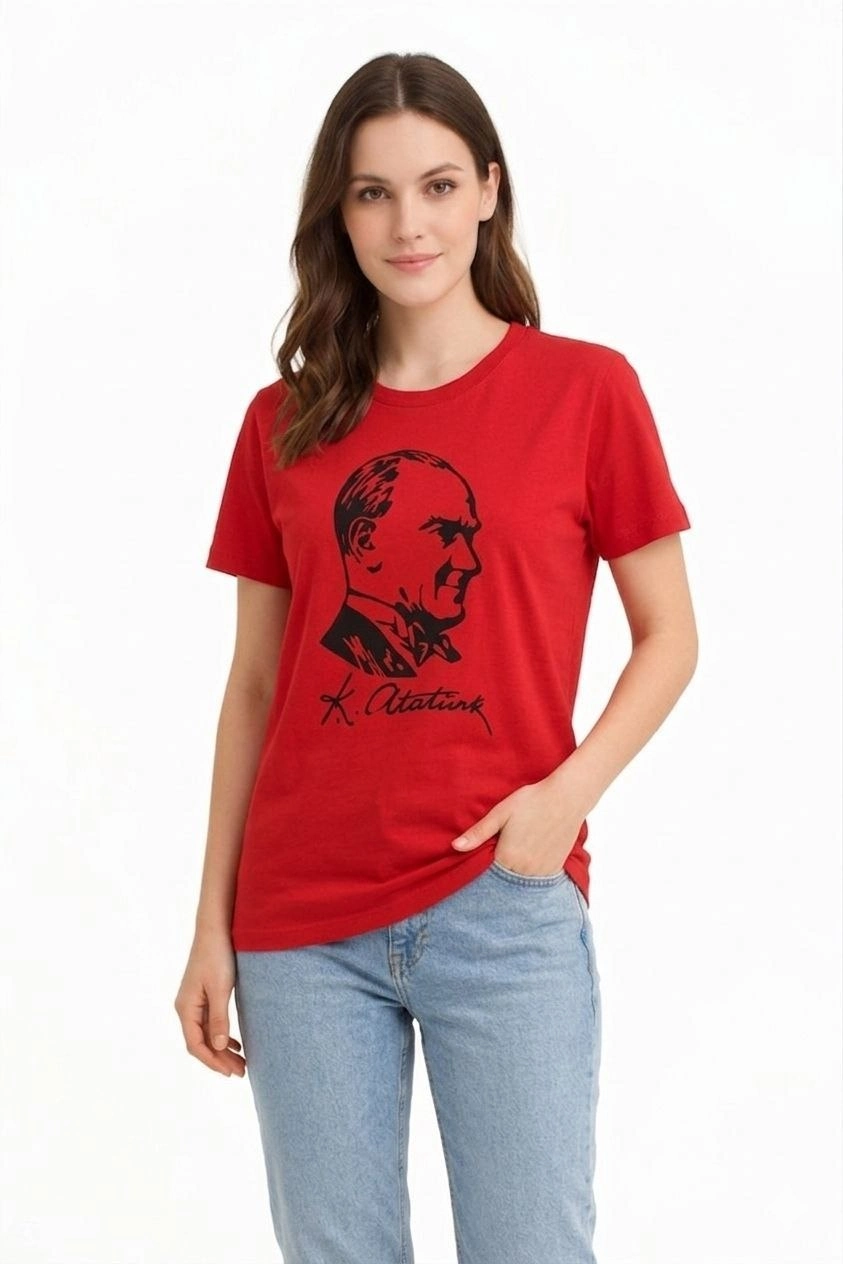 Kadın Atatürk Baskılı Tişört Kısa Kollu Bisiklet Yaka T-Shirt – Kırmızı