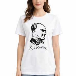 Kadın Atatürk Baskılı Tişört Kısa Kollu Bisiklet Yaka T-Shirt – Beyaz
