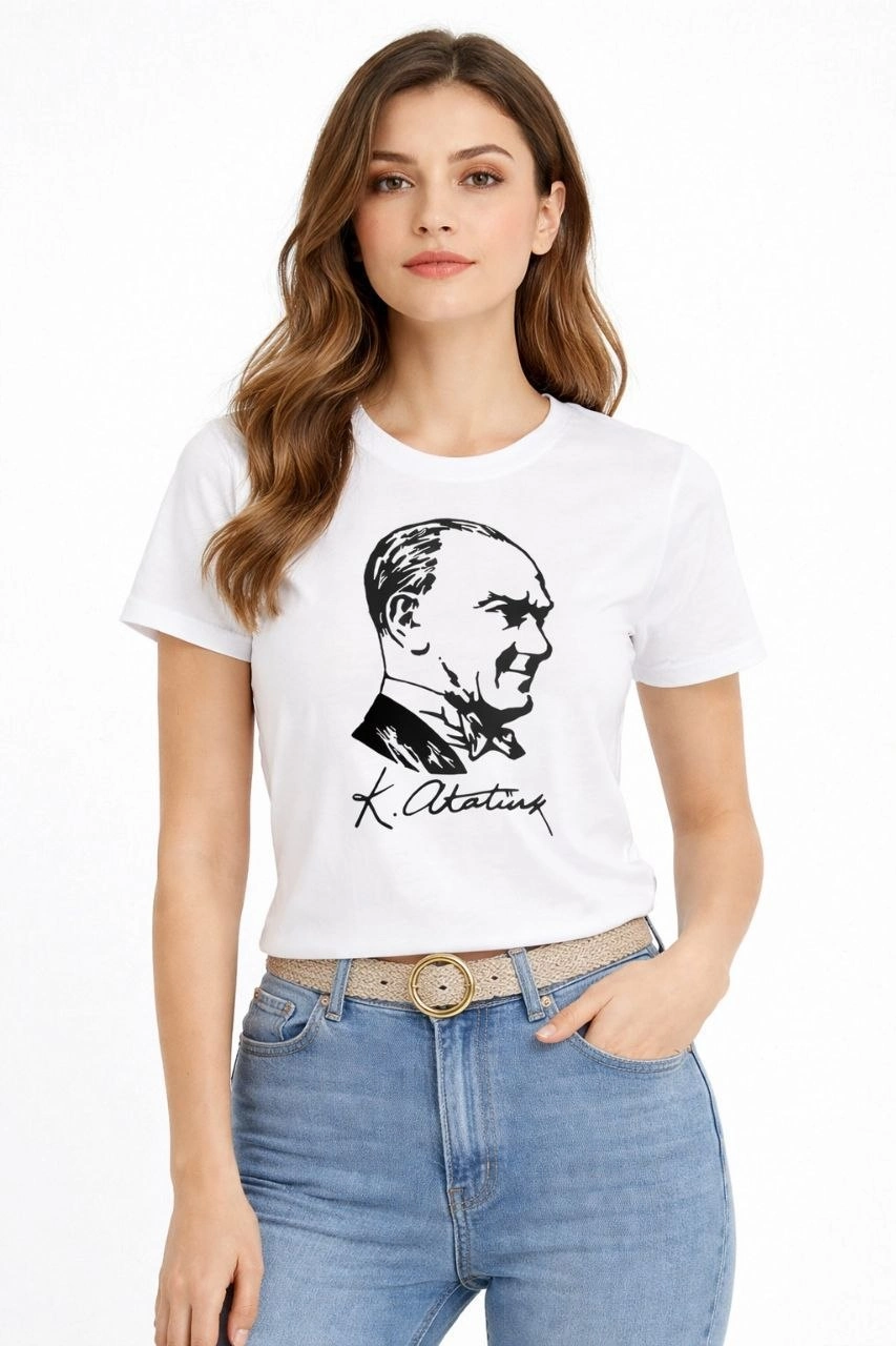 Kadın Atatürk Baskılı Tişört Kısa Kollu Bisiklet Yaka T-Shirt – Beyaz