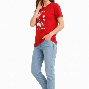 Kadın Atatürk Baskılı Tişört Kısa Kollu Bisiklet Yaka T-Shirt – Kırmızı