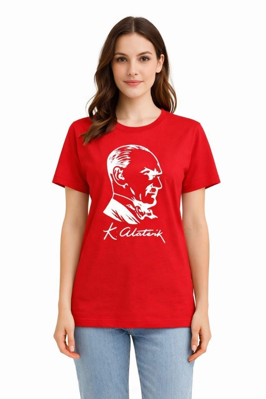 Kadın Atatürk Baskılı Tişört Kısa Kollu Bisiklet Yaka T-Shirt – Kırmızı
