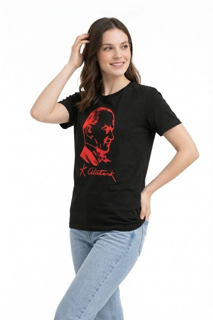 Kadın Atatürk Baskılı Tişört Kısa Kollu Bisiklet Yaka T-Shirt – Siyah