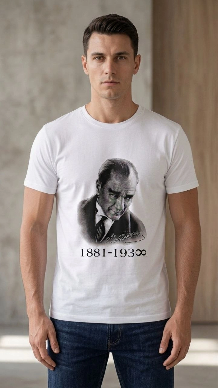 Erkek Atatürk Baskılı Tişört Kısa Kollu Bisiklet Yaka T-Shirt – Beyaz