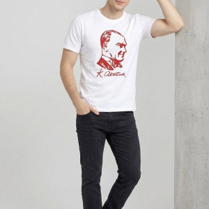 Erkek Atatürk Baskılı Tişört Kısa Kollu Bisiklet Yaka T-Shirt – Beyaz