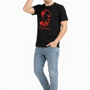 Erkek Atatürk Baskılı Tişört Kısa Kollu Bisiklet Yaka T-Shirt – Siyah