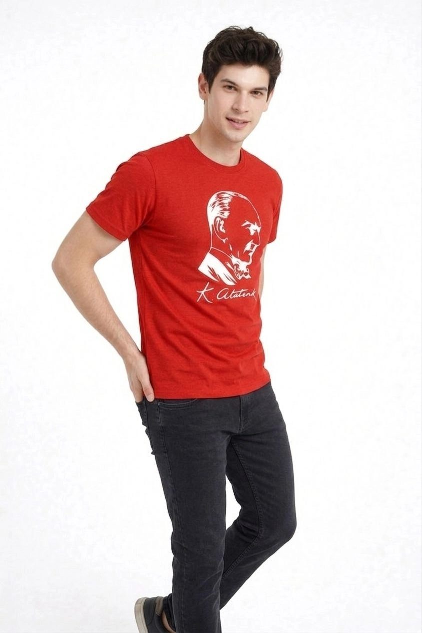 Erkek Atatürk Baskılı Tişört Kısa Kollu Bisiklet Yaka T-Shirt – Kırmızı