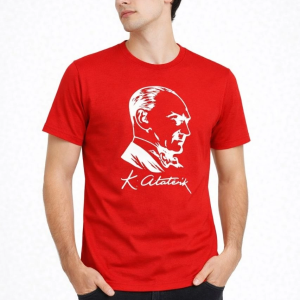 Erkek Atatürk Baskılı Tişört Kısa Kollu Bisiklet Yaka T-Shirt – Kırmızı