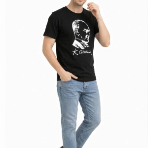 Erkek Atatürk Baskılı Tişört Kısa Kollu Bisiklet Yaka T-Shirt – Siyah