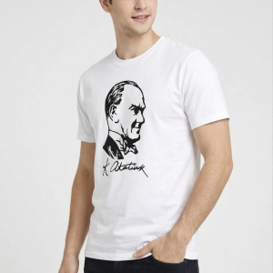 Erkek Atatürk Baskılı Tişört Kısa Kollu Bisiklet Yaka T-Shirt – Beyaz