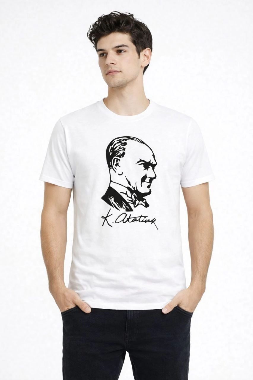 Erkek Atatürk Baskılı Tişört Kısa Kollu Bisiklet Yaka T-Shirt – Beyaz