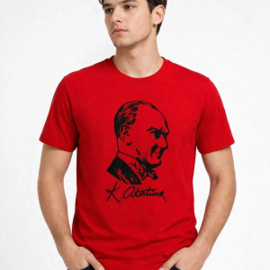 Erkek Atatürk Baskılı Tişört Kısa Kollu Bisiklet Yaka T-Shirt – Kırmızı