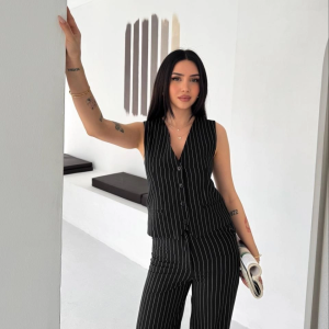 Kadın Çizgili Tansel Kumaş Yelek Pantolon İkili Takım Ofis Şık Modern – Siyah