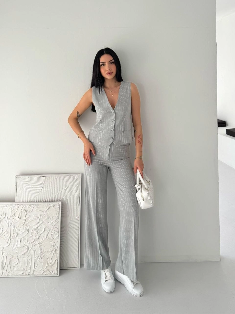 Kadın Çizgili Tansel Kumaş Yelek Pantolon İkili Takım Ofis Şık Modern – Gri