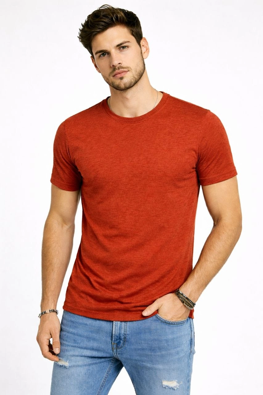 Erkek Flam Kumaş Melanj Dokulu Regular Fit Tişört Bisiklet Yaka Yazlık T-Shirt – Kiremit