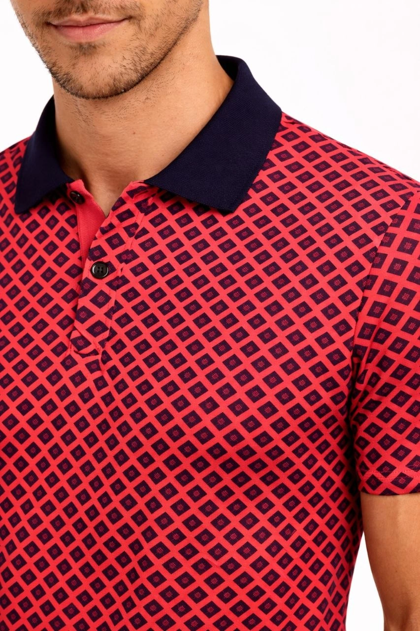 Erkek Pike Kumaş Polo Yaka Desenli Tişört Kısa Kol Yazlık T-Shirt – Kırmızı