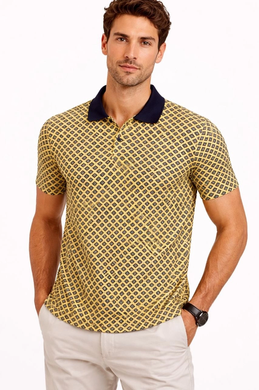 Erkek Pike Kumaş Polo Yaka Desenli Tişört Kısa Kol Yazlık T-Shirt – Sarı
