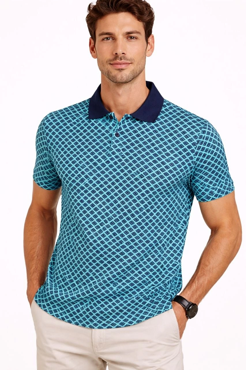 Erkek Pike Kumaş Polo Yaka Desenli Tişört Kısa Kol Yazlık T-Shirt – Turkuaz