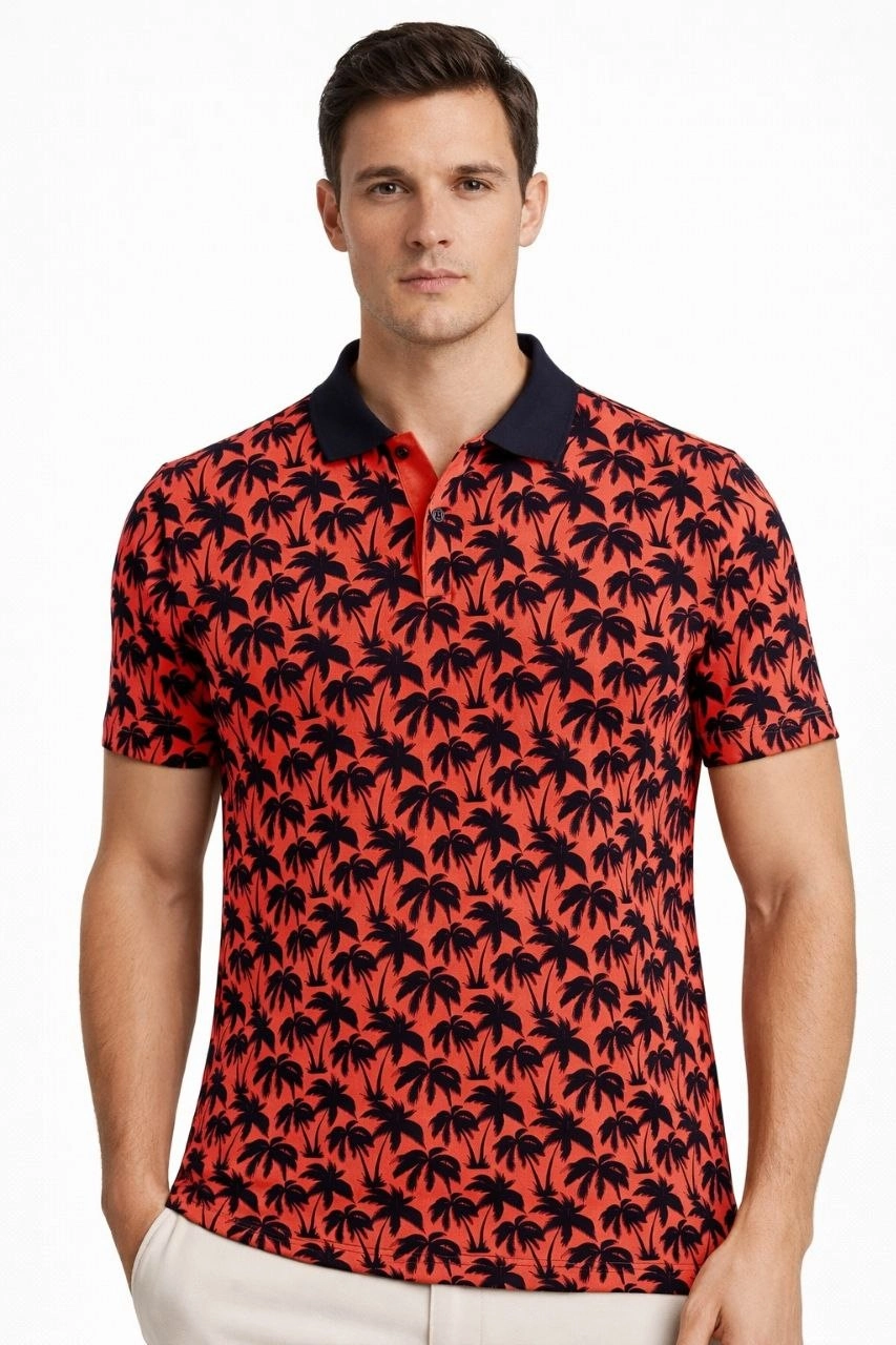 Erkek Pike Kumaş Polo Yaka Palmiye Desenli Tişört Kısa Kol Yazlık T-Shirt – Kırmızı