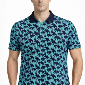 Erkek Pike Kumaş Polo Yaka Palmiye Desenli Tişört Kısa Kol Yazlık T-Shirt – Turkuaz