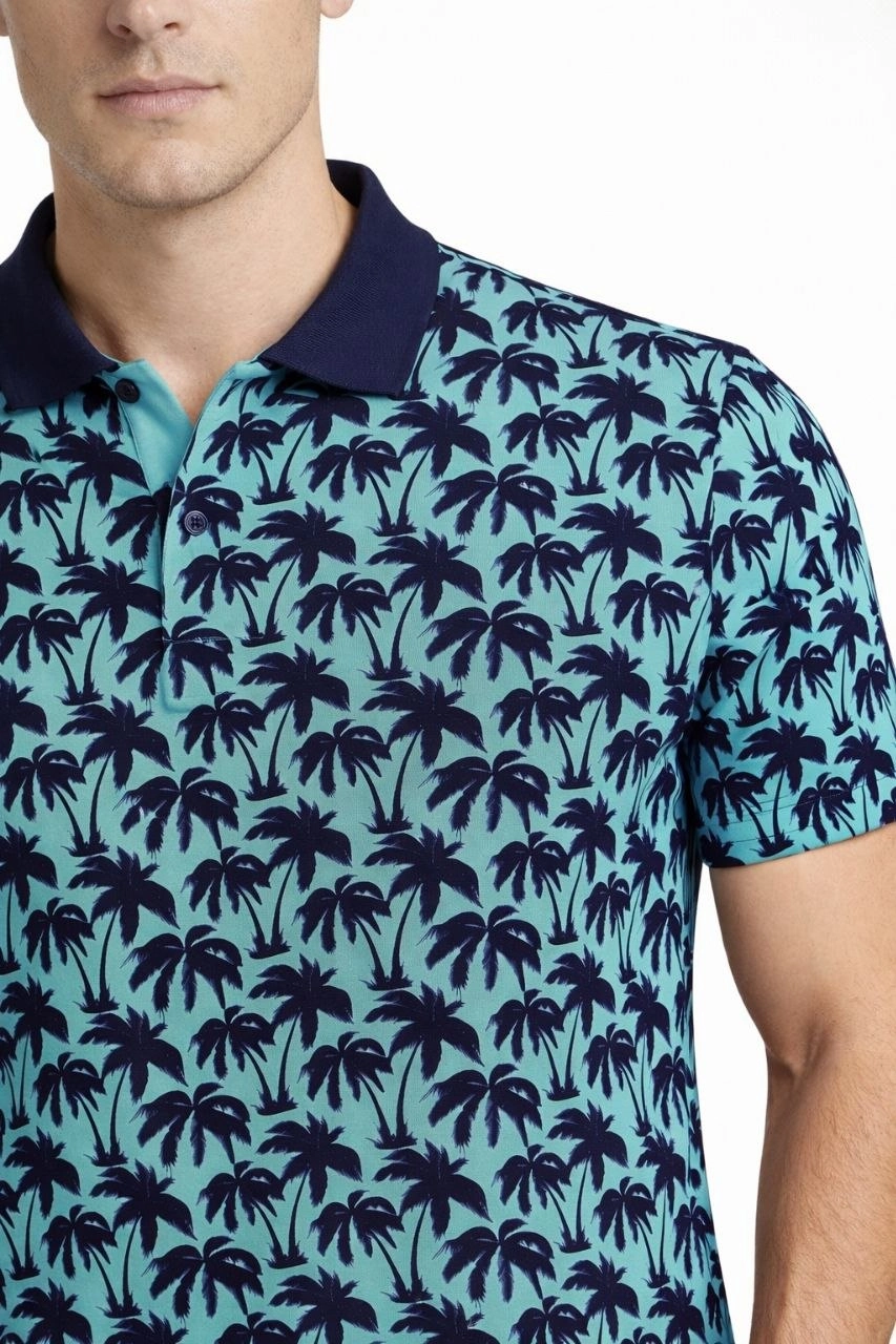 Erkek Pike Kumaş Polo Yaka Palmiye Desenli Tişört Kısa Kol Yazlık T-Shirt – Turkuaz