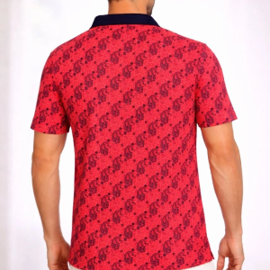 Erkek Pike Kumaş Polo Yaka Palmiye Desenli Tişört Kısa Kol Yazlık T-Shirt – Kırmızı