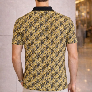 Erkek Pike Kumaş Polo Yaka Palmiye Desenli Tişört Kısa Kol Yazlık T-Shirt – Sarı
