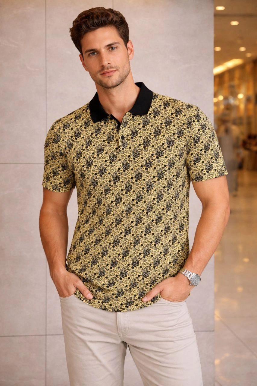 Erkek Pike Kumaş Polo Yaka Palmiye Desenli Tişört Kısa Kol Yazlık T-Shirt – Sarı