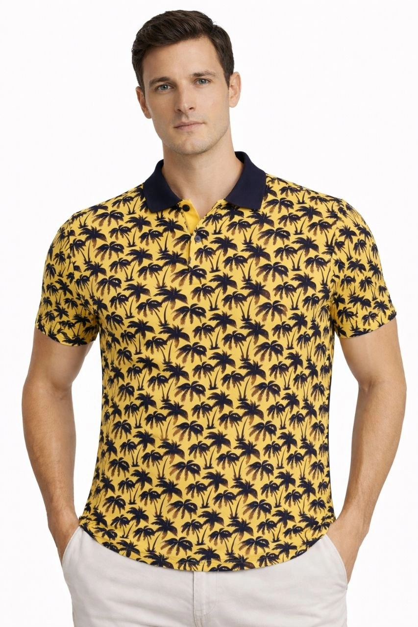 Erkek Pike Kumaş Polo Yaka Palmiye Desenli Tişört Kısa Kol Yazlık T-Shirt – Sarı
