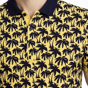 Erkek Pike Kumaş Polo Yaka Palmiye Desenli Tişört Kısa Kol Yazlık T-Shirt – Sarı