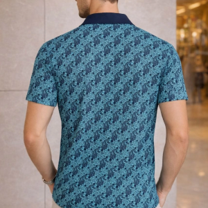 Erkek Pike Kumaş Polo Yaka Palmiye Desenli Tişört Kısa Kol Yazlık T-Shirt – Turkuaz