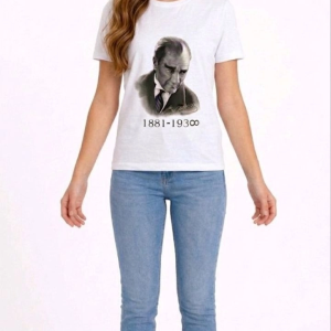 Kız Çocuk Atatürk Baskılı Tişört Kısa Kollu Bisiklet Yaka T-Shirt – Beyaz
