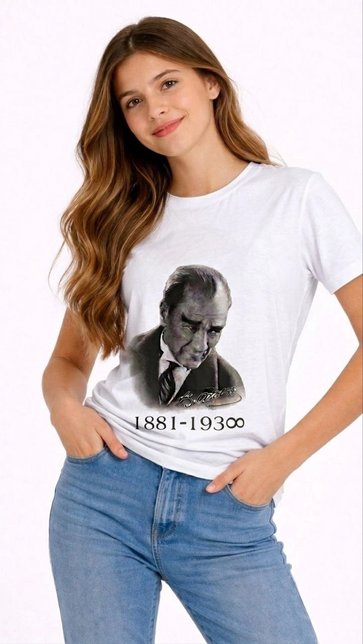 Kız Çocuk Atatürk Baskılı Tişört Kısa Kollu Bisiklet Yaka T-Shirt – Beyaz