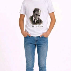 Erkek Çocuk Atatürk Baskılı Tişört Kısa Kollu Bisiklet Yaka T-Shirt – Beyaz