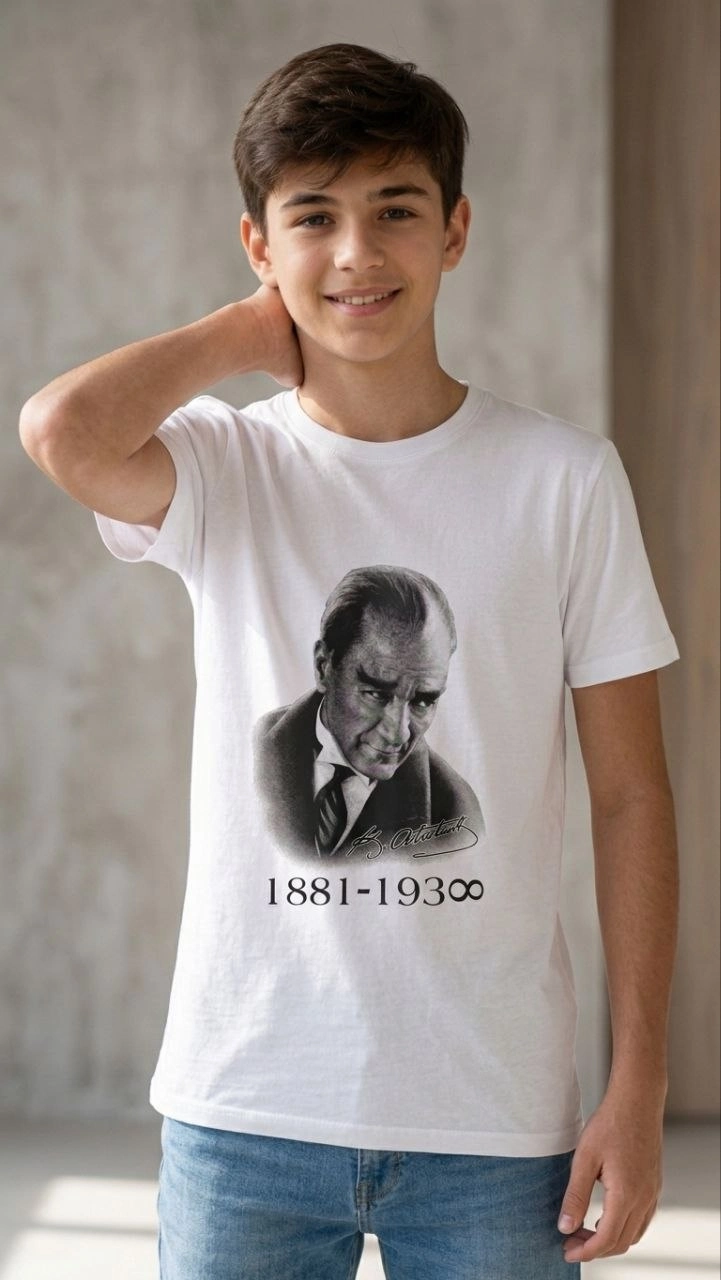 Erkek Çocuk Atatürk Baskılı Tişört Kısa Kollu Bisiklet Yaka T-Shirt – Beyaz