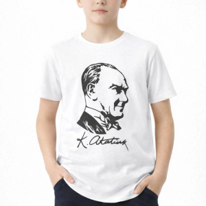 Erkek Çocuk Atatürk Baskılı Tişört Kısa Kollu Bisiklet Yaka T-Shirt – Beyaz